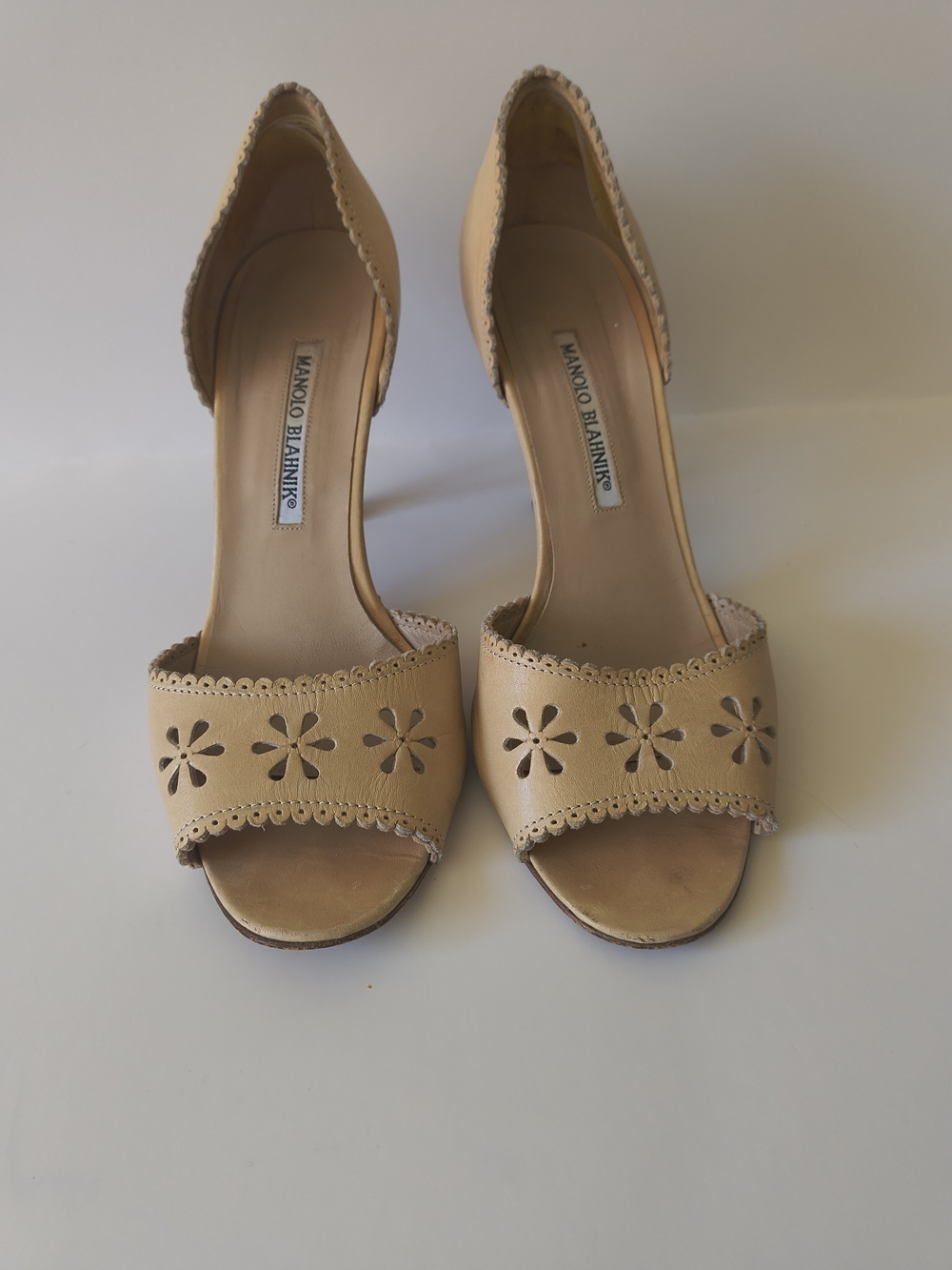 Vintage Manolo Blahnik Tan Leather Open-Toe D'Orsay Heels